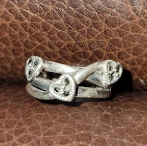 Vintage CW 925 Sterling Silver Marcasite Three Hearts Crossover Ring Size 6.5